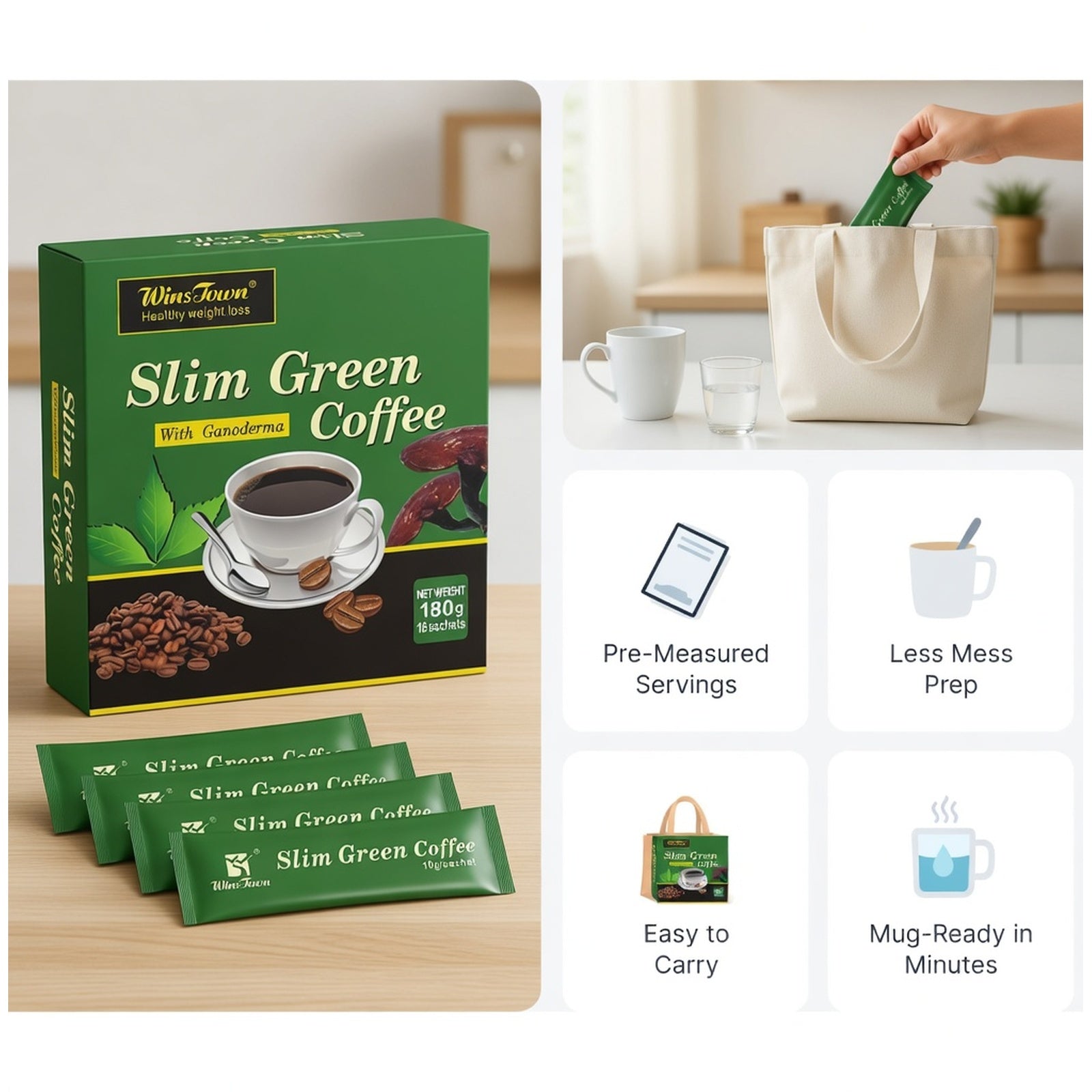 Green coffee supplement powder sachets for metabolism support routine