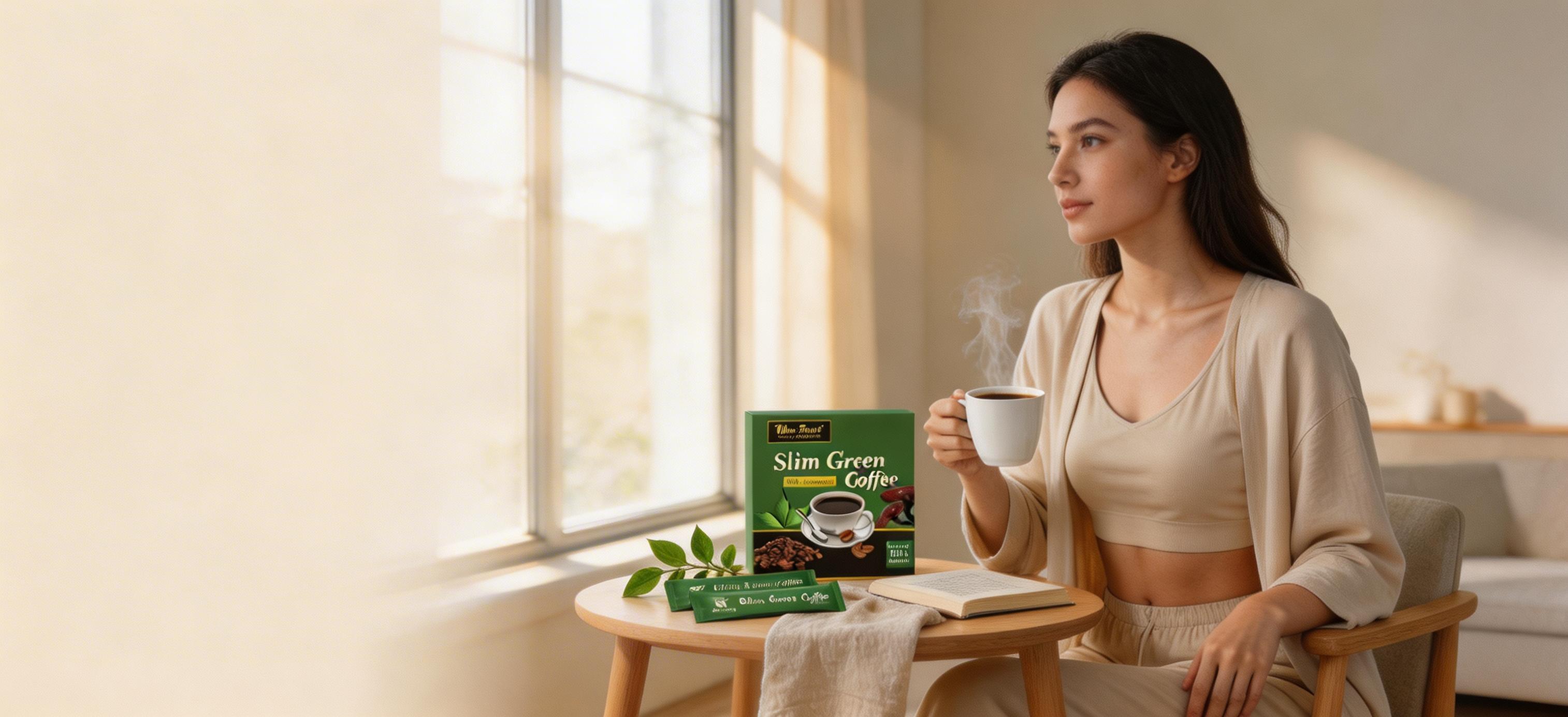 HealthTree green coffee supplement package and daily wellness routine